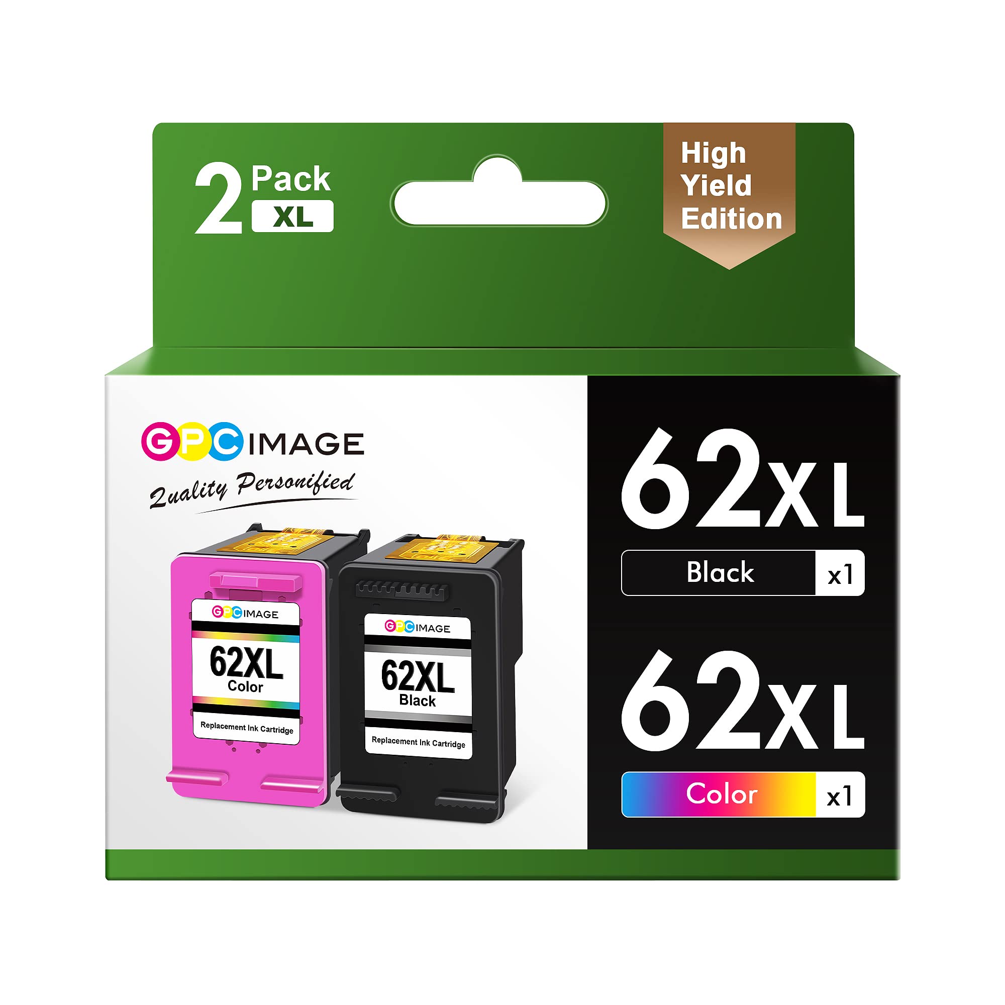 GPC Image Remanufactured Ink Cartridge Replacement for HP 62XL 62 XL Compatible for Envy 5540 7645 5642 5542 5643 5640 7644 7643 OfficeJet 5740 200 5745 5741 Printer Tray (1 Black 1 Tri-Color)