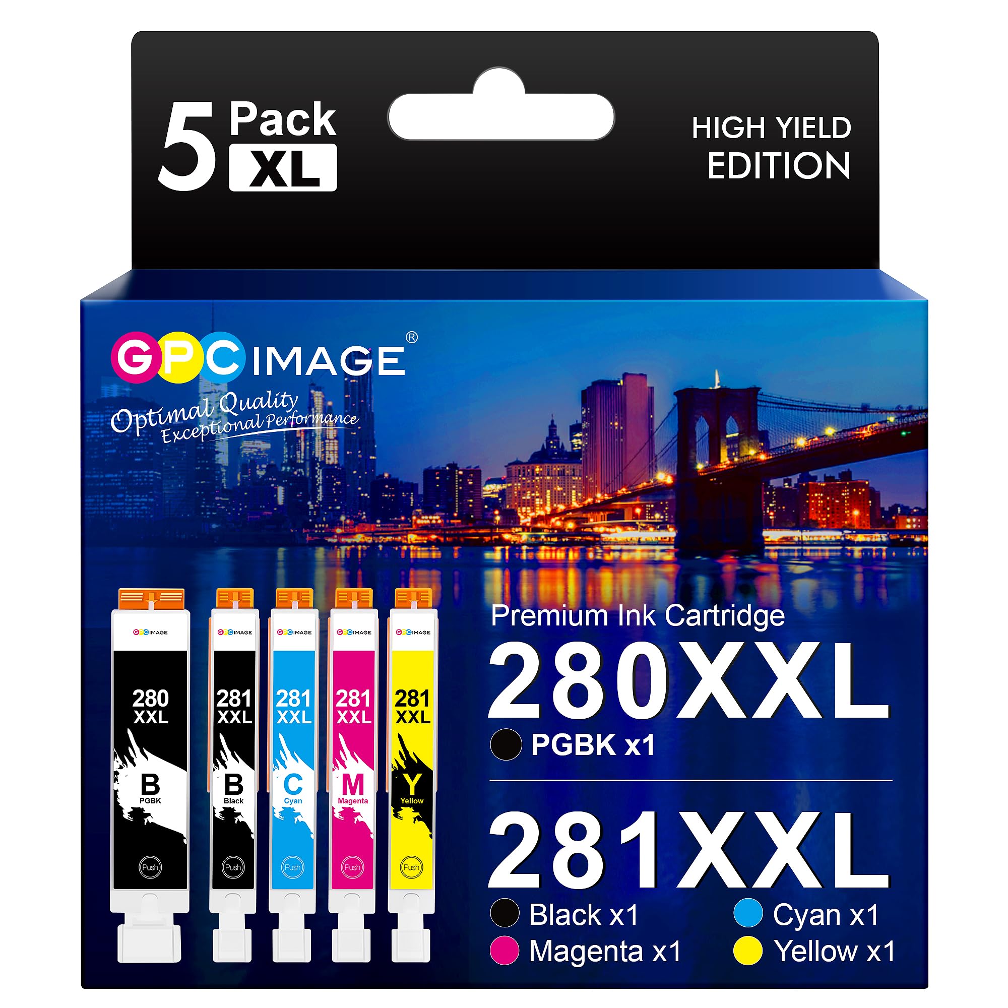 PGI-280XXL CLI-281XXL 5 Pack Compatible 280 281 Ink Cartridge Replacement for Canon 281 Ink cartridges Canon 280 Ink Use to PIXMA TS6120 TR7520 TR8520 TR8500 TR8600 TR8620 TS6220 TS9120 (5 Pack)